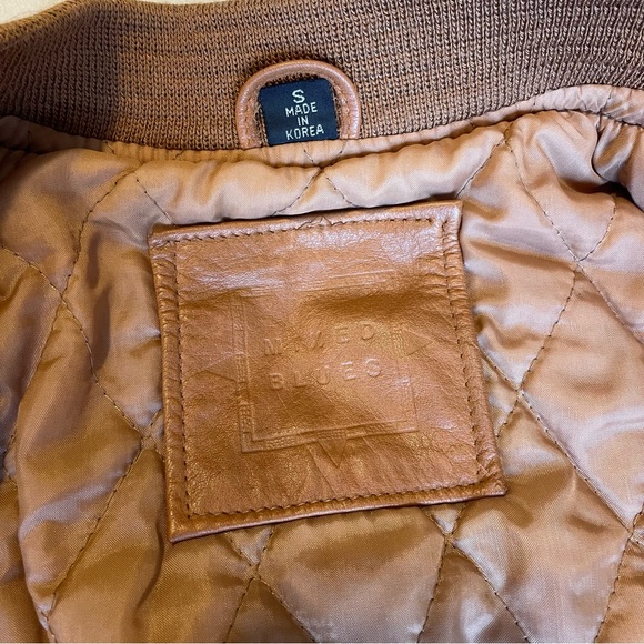 ✨SOLD✨Vintage 1980’s Mixed Blues Leather Bomber jacket Camel/Tan Size Mens Small - Picture 5 of 9